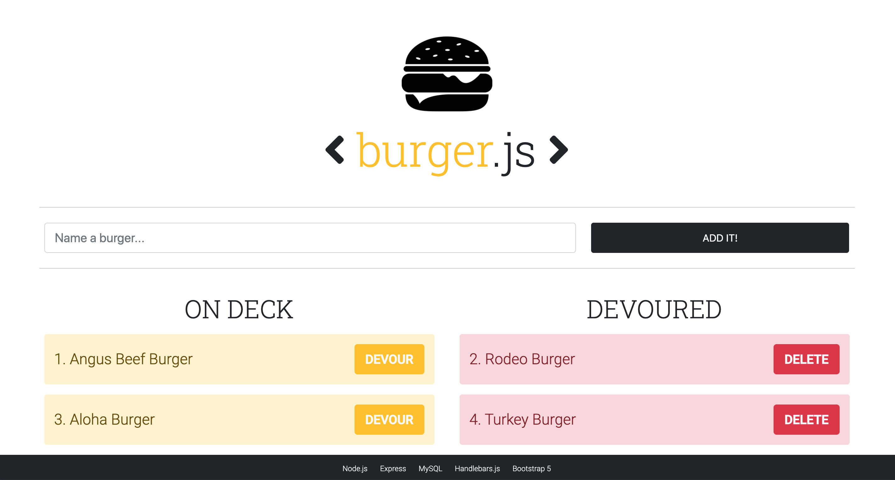 Burger.js application screenshot
